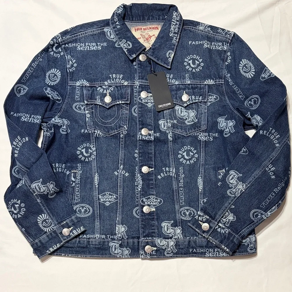 True Religion AOP Logo Denim SN Jacket Medium Rustic Barn Wash Size XL NWT - Picture 5 of 12